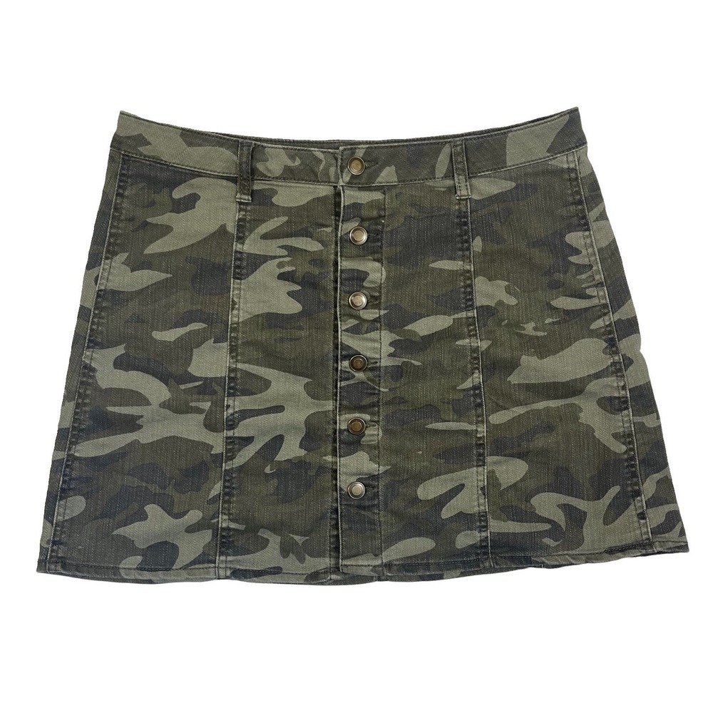 Faded Glory Camo Denim Mini Skirt Size 12 Button Front Stretch Y2K Military